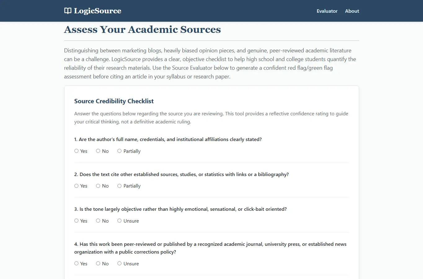 Screenshot of LogicSource: Source Credibility Guide interface showing the project page in use